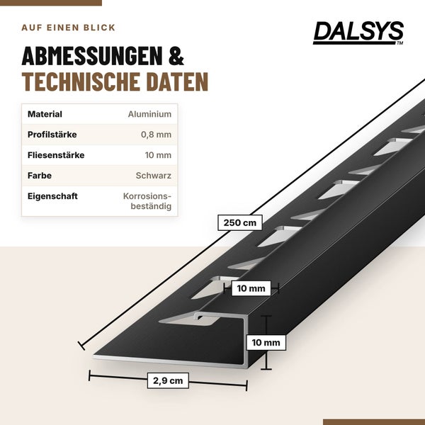 Technische Zeichnung eines Dalsys Fliesenprofils aus Aluminium mit Maßangaben für Länge, Breite und Höhe sowie Materialeigenschaften.