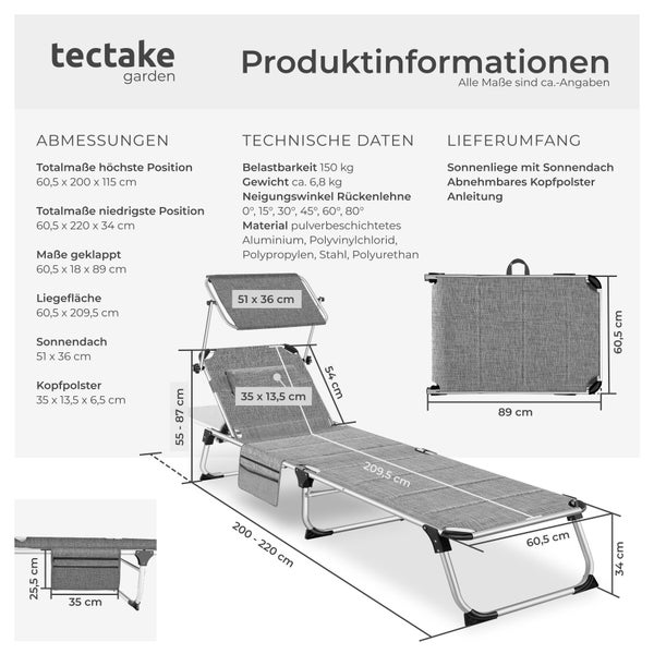 Technische Zeichnung der Tectake Sonnenliege mit Maßen und Produktdetails aus Aluminium und Polyvinylchlorid.