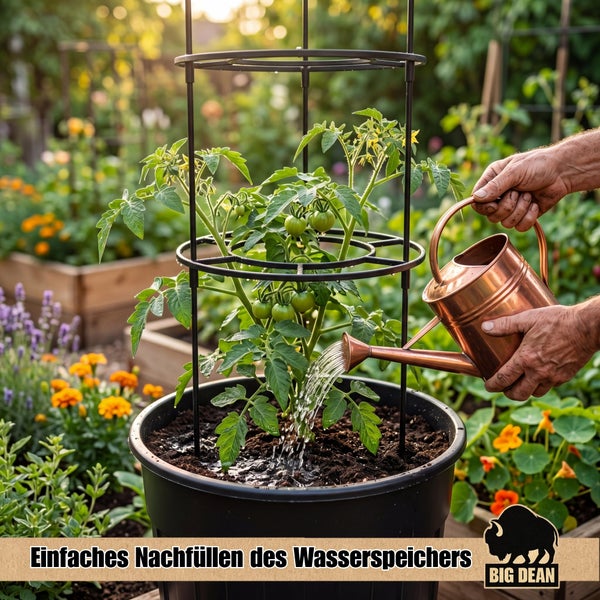 Person gießt eine Tomatenpflanze in einem Pflanzkübel mit Rankhilfe und Wasserspeicher im Garten, Big Dean Logo.