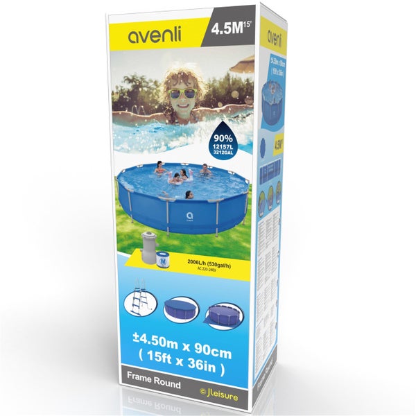 Avenli Frame Pool Verpackung mit Produktinformationen und Bildern.