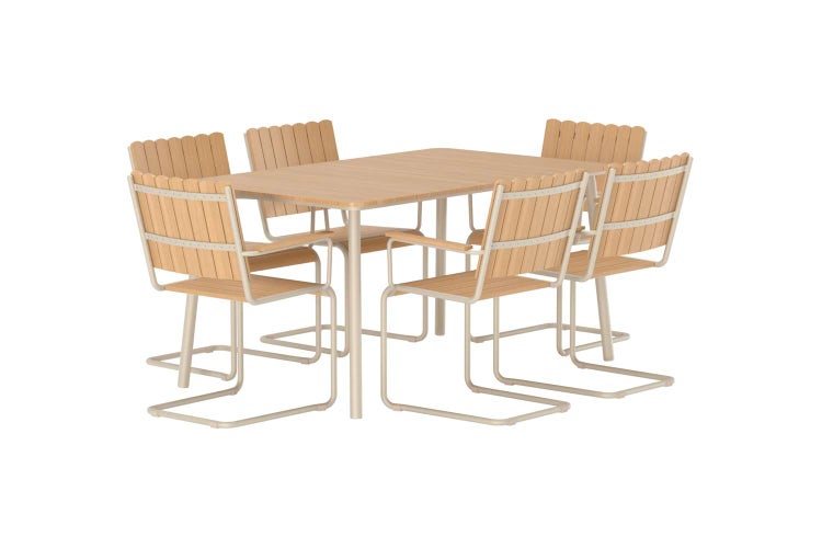Gartengruppe bestehend aus einem rechteckigen Holztisch und vier Gartenstühlen mit Holzlatten und Metallgestell.