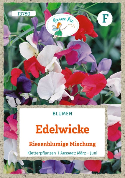 Samentüte für Edelwicke Riesenblumige Mischung von Grüne Fee, Kletterpflanze, Aussaat von März bis Juni.
