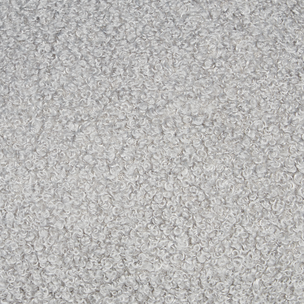 Nahaufnahme eines grauen Bouclé-Materials mit lockiger und schlingenartiger Textur.