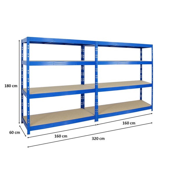 PROREGAL Mega Deal 2x Profi Schwerlastregal Rhino HxBxT 180 x 160 x 60 cm 4 Spanplatten-Ebenen 8mm Fachlast 500 kg Blau