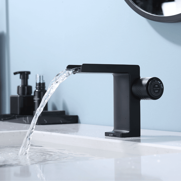 EcoRain 30% Wassersparender Waschtischarmatur mit Wasserfall George - Aus Messing und Keramikscheiben - Universeller Anschluss - Anti-Kratz-Beschichtung - Schwarz