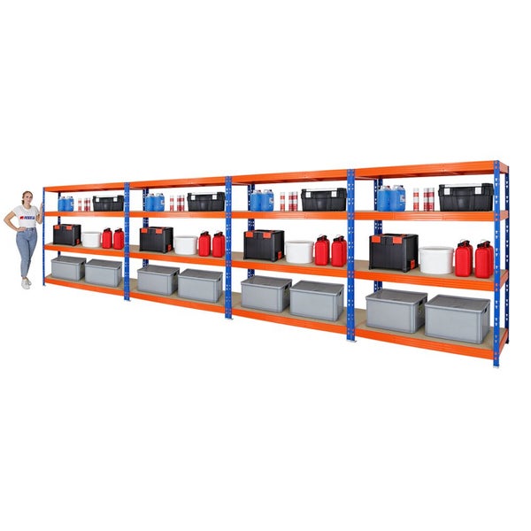 PROREGAL Mega Deal 4x Profi Schwerlastregal Rhino HxBxT 180 x 160 x 60 cm 4 Spanplatten-Ebenen 8mm Fachlast 500 kg Blau-Orange