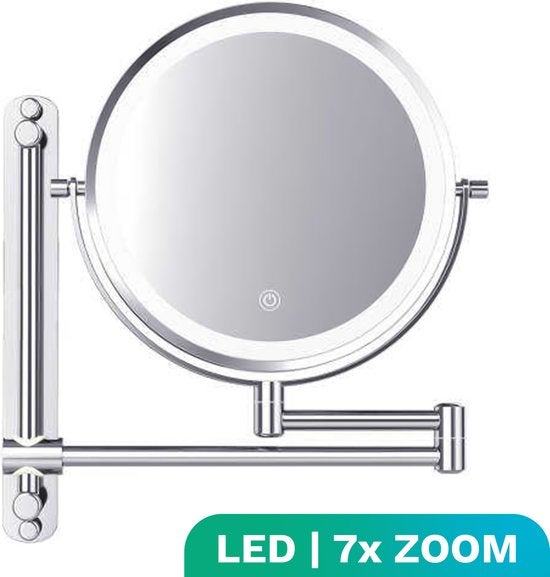 Mirlux Make Up Spiegel mit LED Beleuchtung, Kosmetikspiegel 7X Vergrößerung Rund Wandmodell Chrom