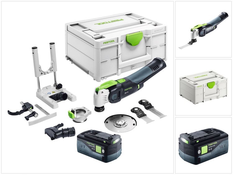 Festool VECTURO OSC 18 E-Basic Set Akku Oszillierer 18 V Starlock Max Brushless + 1x Akku 5,0 Ah + 7 tlg. Zubehör Set + Systainer - ohne Ladegerät