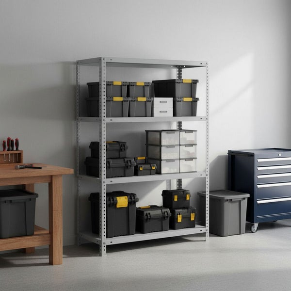 Organisierte Werkstatt mit Metallregal, blauem Werkstattwagen und Holzwerkbank, ausgestattet mit verschiedenen Aufbewahrungsboxen aus Kunststoff.