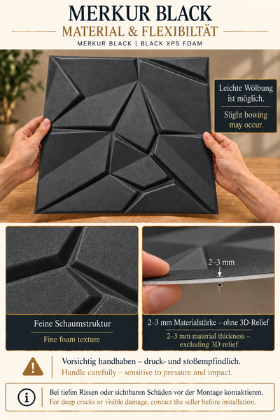 Wandpaneel Merkur Black aus XPS Schaum mit dreidimensionalem Design, 2 bis 3 Millimeter Materialstärke und feiner Oberflächenstruktur.