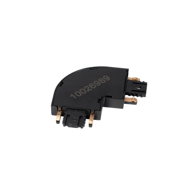 Schwarzer L-Verbinder für Schienensysteme aus Kunststoff mit Kupferkontakten.