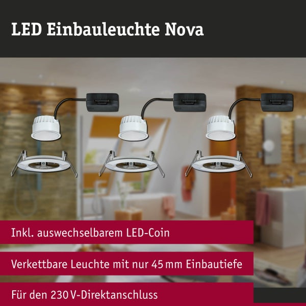 LED Einbauleuchte Nova 3er-Set mit auswechselbarem LED-Coin, verkettbar, 45 Millimeter Einbautiefe, für 230 Volt Direktanschluss.