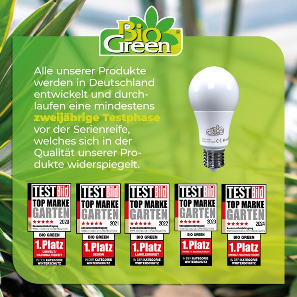 Bio Green Logo, eine LED-Lampe und Test Bild Auszeichnungen als Top Marke Garten von 2020 bis 2024 in der Kategorie Winterschutz.