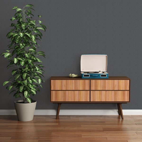 Dekorative Inneneinrichtung mit Pflanze, Schallplattenspieler und Kommode