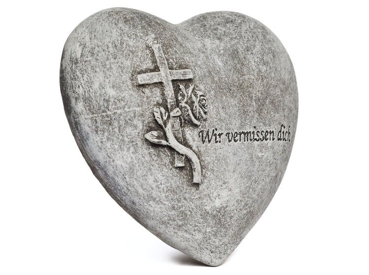 Grabschmuck in Herzform aus Stein mit Kreuz, Rose und Inschrift Wir vermissen dich