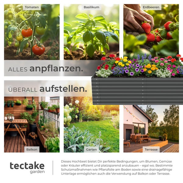 Tectake Metall-Hochbeet aus gewelltem Stahl, bepflanzt mit Blumen, dazu Anbaubeispiele für Tomaten, Basilikum und Erdbeeren in Garten und auf Balkonen.