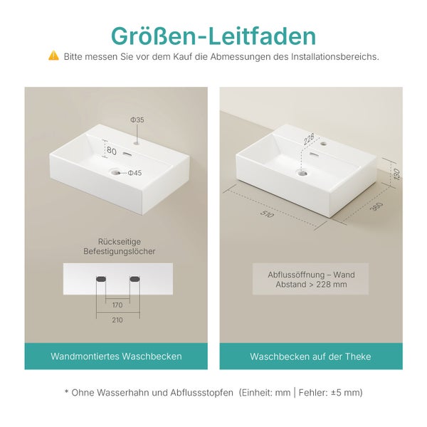 Größenleitfaden für rechteckiges Waschbecken mit Maßen in Millimeter für Wand- und Aufsatzmontage. Maße 510 mal 360 mal 130 Millimeter.
