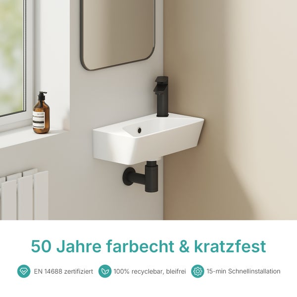 Wandwaschbecken, schwarze Armatur. 50 Jahre farbecht, kratzfest, EN 14688, 100 Prozent recyclebar, bleifrei, 15 Minuten Schnellinstallation.