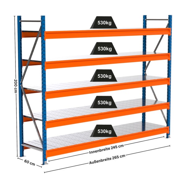 Regal mit fünf Ebenen und den Maßen 200 x 265 x 60 cm, Traglast 530 Kilogramm