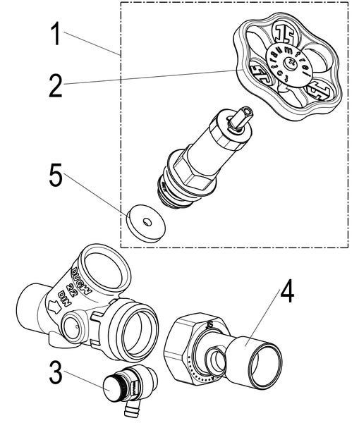 Explosionszeichnung eines Ventils mit nummerierten Bauteilen wie Handrad, Spindel, Dichtung, Gehäuse und Entleerventil.