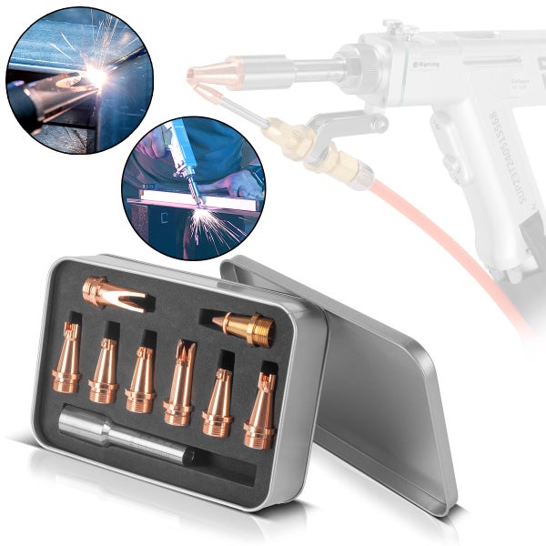 Laserschweißdüsen-Set in einer Metallbox mit Anwendungsbeispielen für Handlaserschweißgeräte.