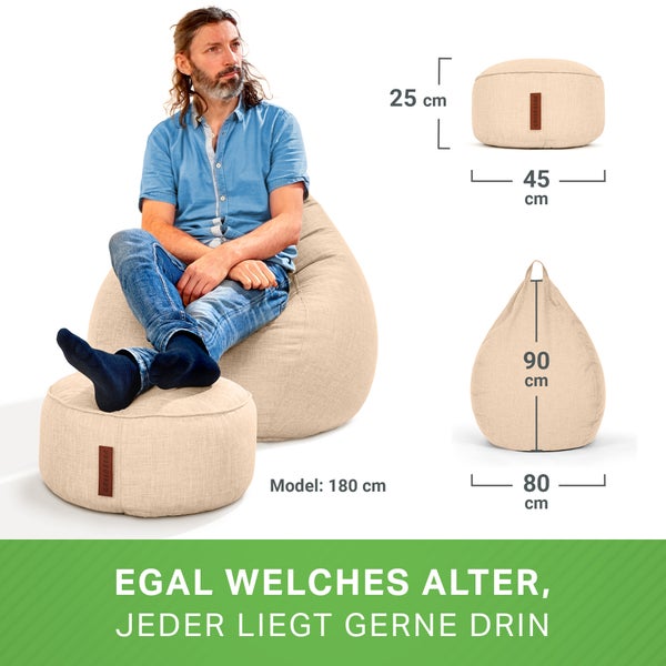 Green Bean 2er Set Indoor Sitzsack + Hocker mit EPS-Perlen Füllung - Fußhocker Fußkissen Sitz-Pouf Bodenkissen Liegekissen Sitzkissen Lounge Chair Sitzhocker Relax-Sessel Bean Bag Sand Creme
