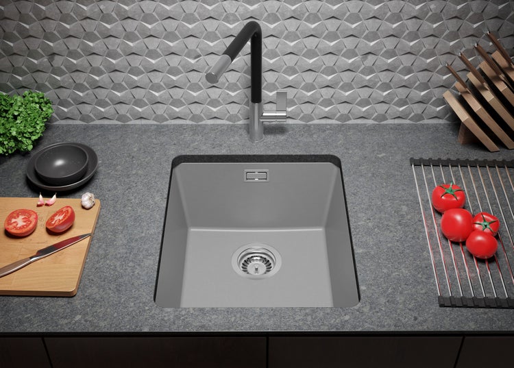 PRIMAGRAN Unterbauspüle Granit Grau 41x47cm, Spülbecken 1 Becken + Ablauf-Set, Granitspüle ab 45er Unterschrank - London