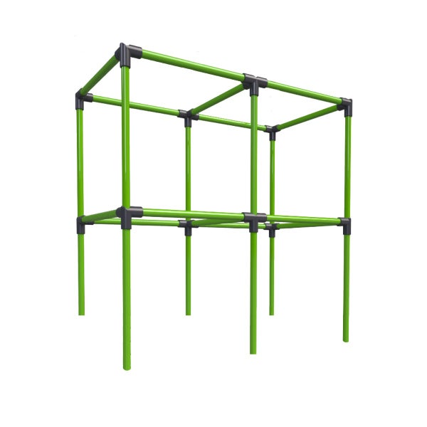 Modulares Rohrgestell aus Kunststoff mit grünen Stangen und schwarzen Verbindungsstücken für den Garten.