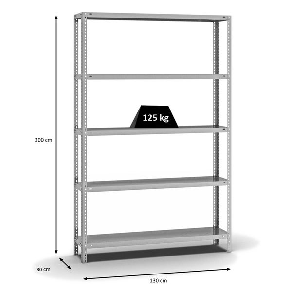 PROREGAL Fachbodenregal Schraubsystem Light-Duty Grundregal HxBxT 200 x 130 x 30 cm 5 Ebenen Fachlast 125 kg Beidseitig Nutzbar Verzinkt
