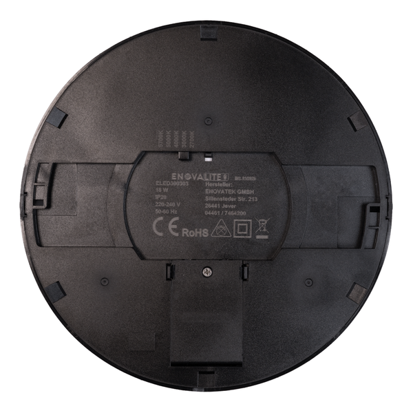 Rückseite eines runden schwarzen ENOVALITE LED-Panels mit technischen Angaben wie 18 Watt und verschiedenen Farbtemperaturen.