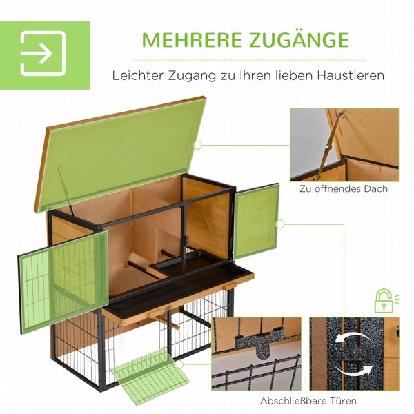 PawHut Hasenstall 2 Ebenen Kaninchenstall aus Vollholz Doppelstockhaus mit verschließbarer Tür 89,5 x 45 x 81 cm Kaninchenkäfig Kleintierstall für Hasen Kaninchen Hasenkäfig für Outdoor Hellgelb