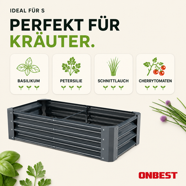 Rechteckiges Hochbeet aus Metall, ideal für Kräuter wie Basilikum, Petersilie, Schnittlauch und Cherrytomaten. ONBEST Logo.