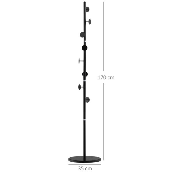 HOMCOM Kleiderständer, Garderobe mit 8 Haken, Garderobenständer für Kleidung, Hüte, Flur, Eingang, Stahl, Schwarz, 35x 35 x 170 cm