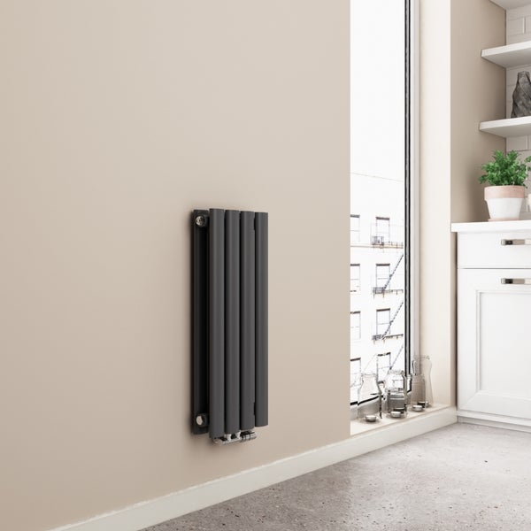 EMKE Design-Röhrenheizkörper für Warmwasserbetrieb, Mittelanschluss, Vertikal, Oval, Doppellagig, 248 Watt, 24 cm x 60 cm, Anthrazit