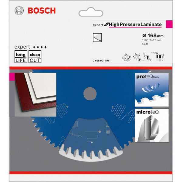 Bosch Logo. Verpackung einer Kreissäge für Hochdrucklaminat mit 168 Millimeter Durchmesser.