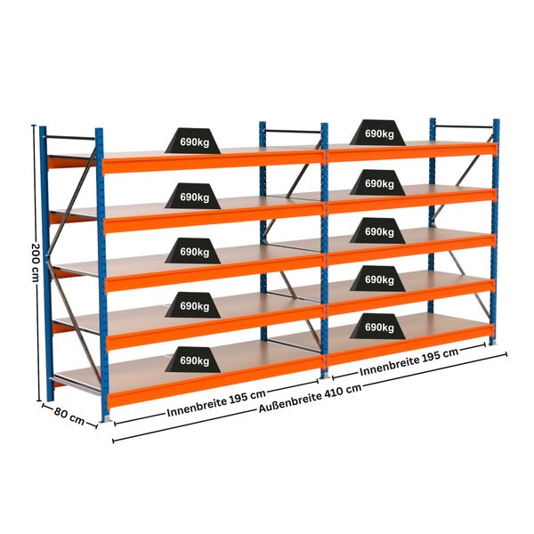 Lagerregal mit fünf Ebenen, blauem Rahmen und orangefarbenen Traversen, Abmessungen sind angegeben
