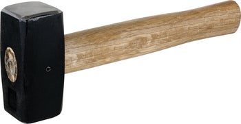 Fäustel mit einem Stiel aus Holz und einem massiven Kopf aus schwarzem Metall.