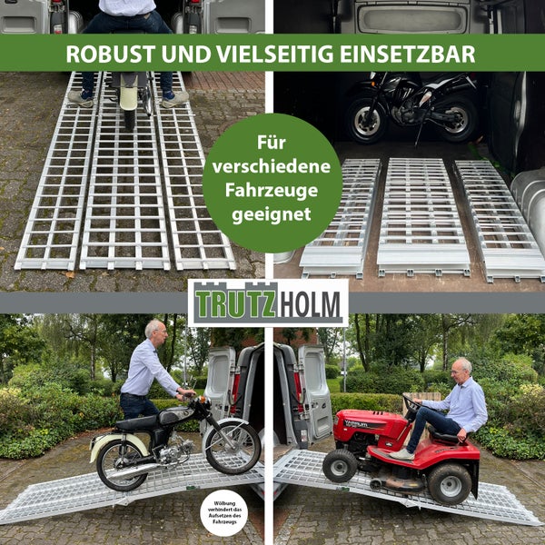 Mehrfachansicht von drei Aluminium Auffahrrampen mit verschiedenen Fahrzeugen zur Veranschaulichung
