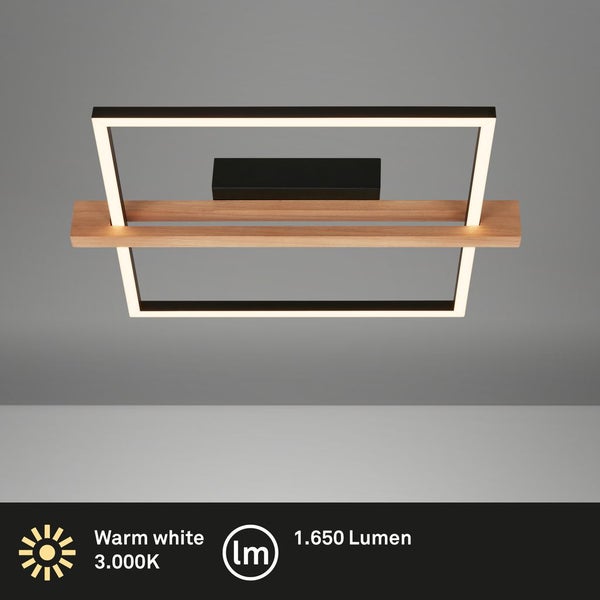 Briloner Moldura LED Deckenlampe, Stufen dimmbar, Holzdekor, Speicherfunktion, Warmweißes Licht, Schwarz-Holz, 43 x 35 x 7,5 cm