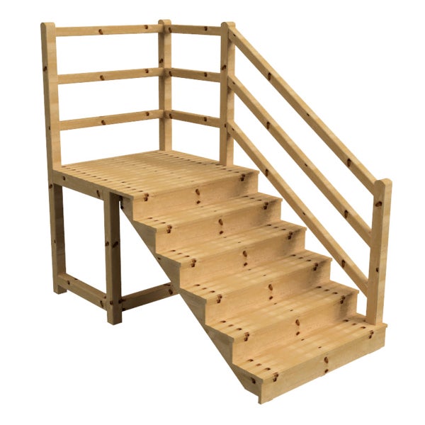 Holztreppe mit Plattform und Geländer