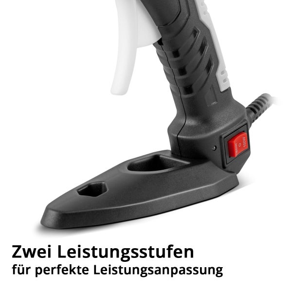 Detailansicht Heissklebepistole mit Ablageständer und rotem Netzschalter