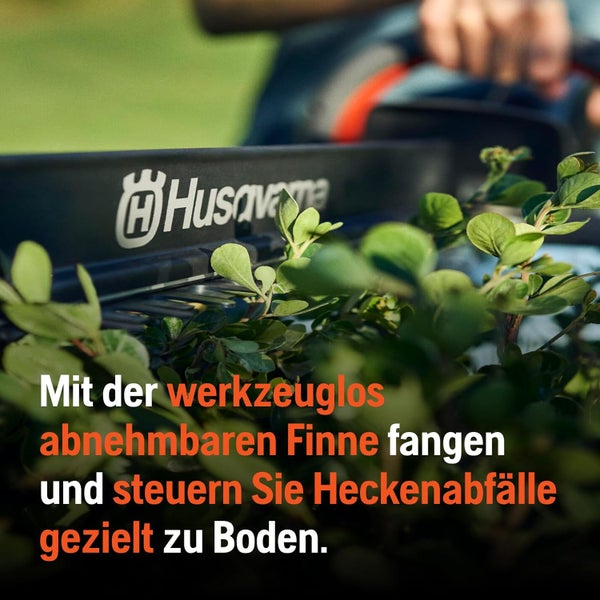 Husqvarna Logo auf einem Heckenscheren-Auffangbehälter für Heckenschnitt