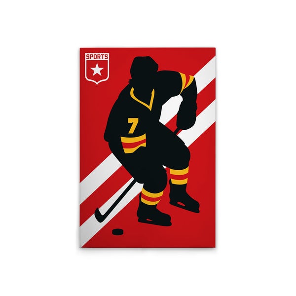 Poster mit Eishockeyspieler-Motiv auf rotem Hintergrund