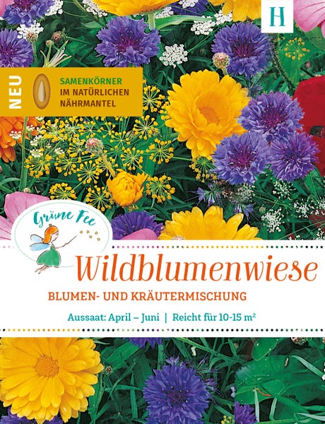 Grüne Fee Wildblumenwiese Blumen- und Kräutermischung mit Samenkörnern im natürlichen Nährmantel für 10 bis 15 Quadratmeter, Grüne Fee Logo.
