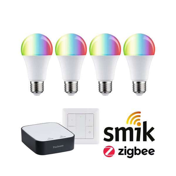 Paulmann smik Zigbee Starter Set mit vier E27 LED Lampen, Gateway und Wandschalter. smik Logo. Zigbee Logo.