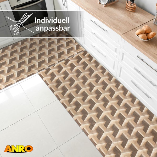 Küchenläufer mit geometrischem 3D-Muster, individuell zuschneidbar, vor einer Küchenzeile platziert. ANRO Logo.