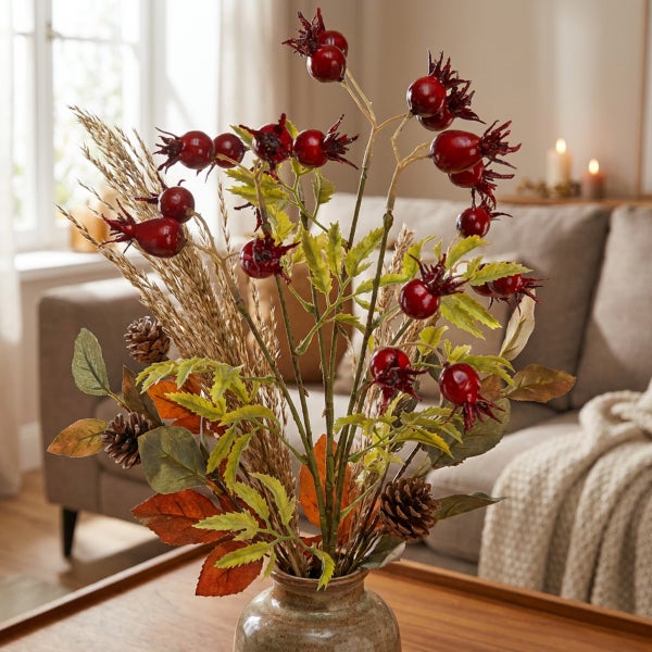 Künstlicher Blumenstrauß aus Hagebutten, Zapfen und Gräsern in einer Vase als herbstliche Tischdekoration.