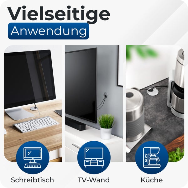 Bruce.® 2x Kabeldurchführung aus Metall, ø 60mm, Inkl. 2x Gummidurchlass, Hochwertiger Kabeldurchlass für Möbel und Schreibtisch, Endlich Ordnung am Arbeitsplatz (2, Silber)