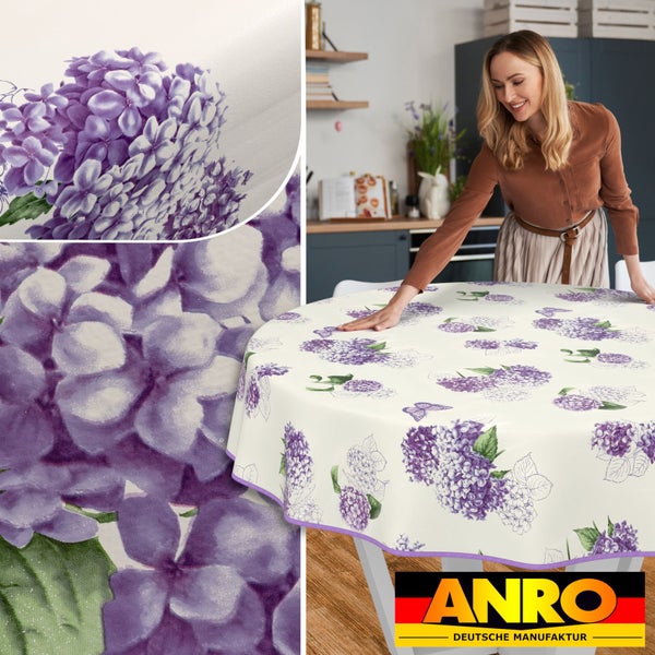 Runde Tischdecke mit Hortensienmuster und ANRO Deutsche Manufaktur Logo