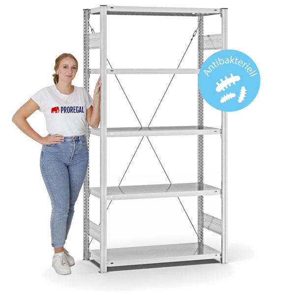 PROREGAL Antibakterielles Fachbodenregal Stecksystem T-Profil HxBxT 200 x 100 x 40 cm 5 Ebenen Traglast 145 kg Antibakterielle Beschichtung Weiß